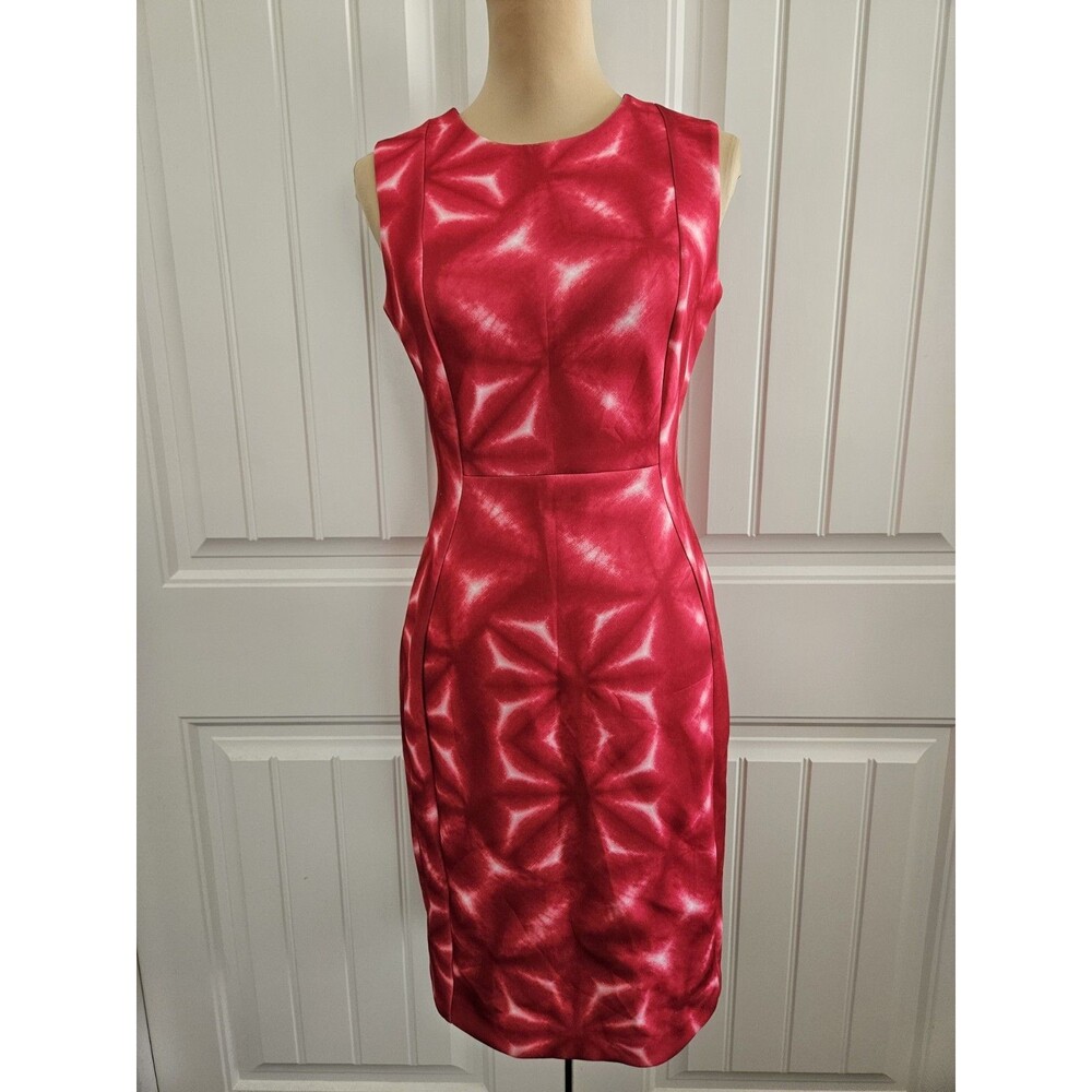 Calvin Klein Vibrant Pink Tiedye Scuba Sheath Dress Sz 6 Career Logo Zipper